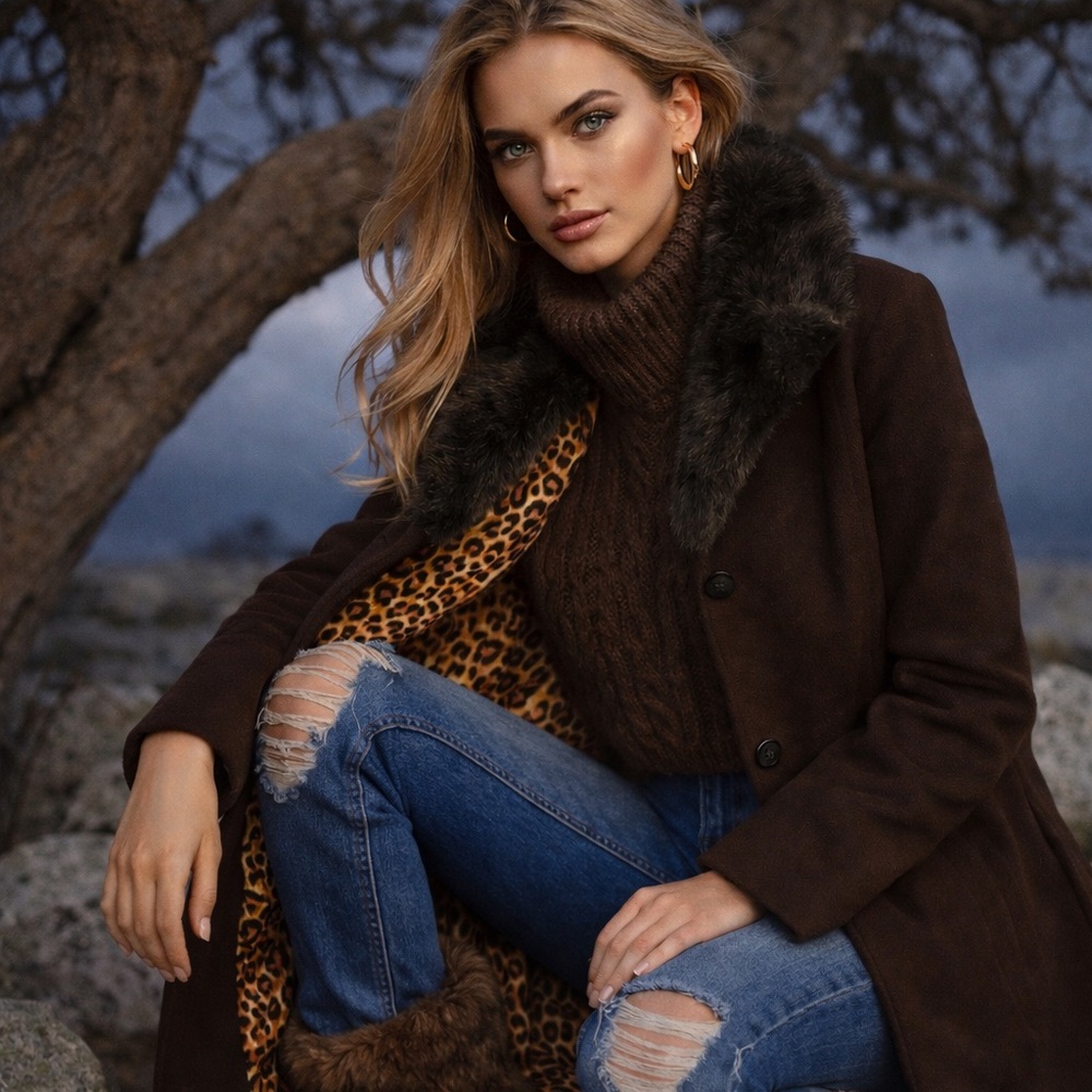 Marvin Richards Vintage Brown Wool Coat with Leopard Lining - Size Large
